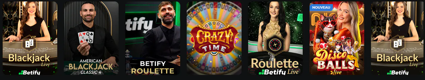 Betify Casino jeux en direct avec blackjack, roulette, Crazy Time et Disco Balls présentés par des croupiers professionnels