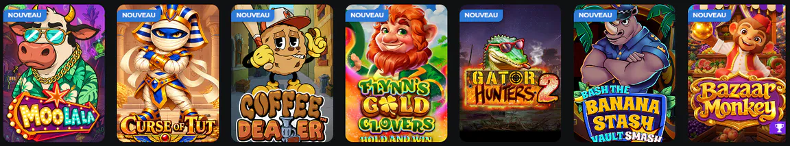 Betify Casino sélection de nouvelles machines à sous avec Moo Lah, Curse of Tut, Coffee Dealer, Flynn's Gold Clovers, Gator Hunters 2, Bash the Banana et Bazaar Monkey
