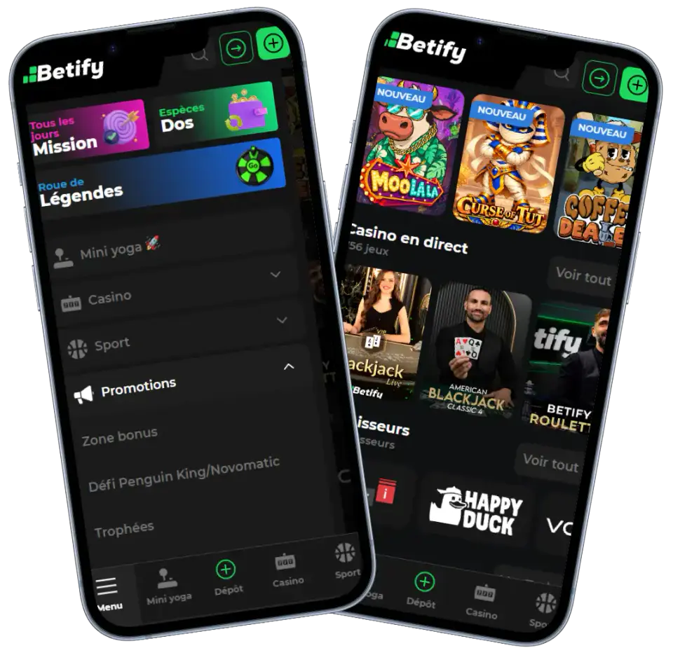 Betify Casino version mobile avec menu des promotions, missions, machines à sous et jeux de casino en direct